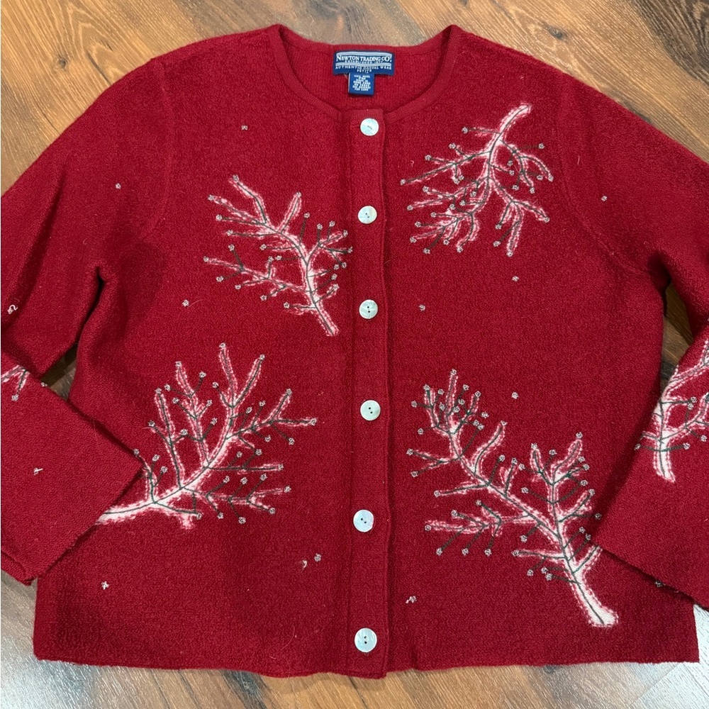 Newton Trading Co. women's red 100% wool petite cardigan sweater Sz M Hong Kong